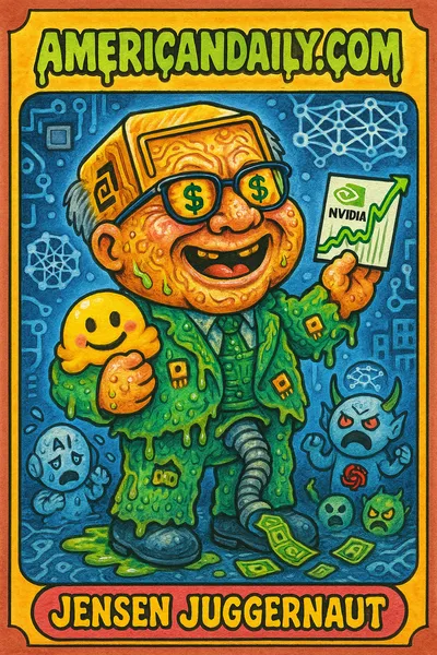 A grotesque caricature of Jensen Huang with a GPU head, bulging dollar-sign eyes, and an anthropomorphic Hugging Face logo hugging him, amidst AI-themed chaos.
