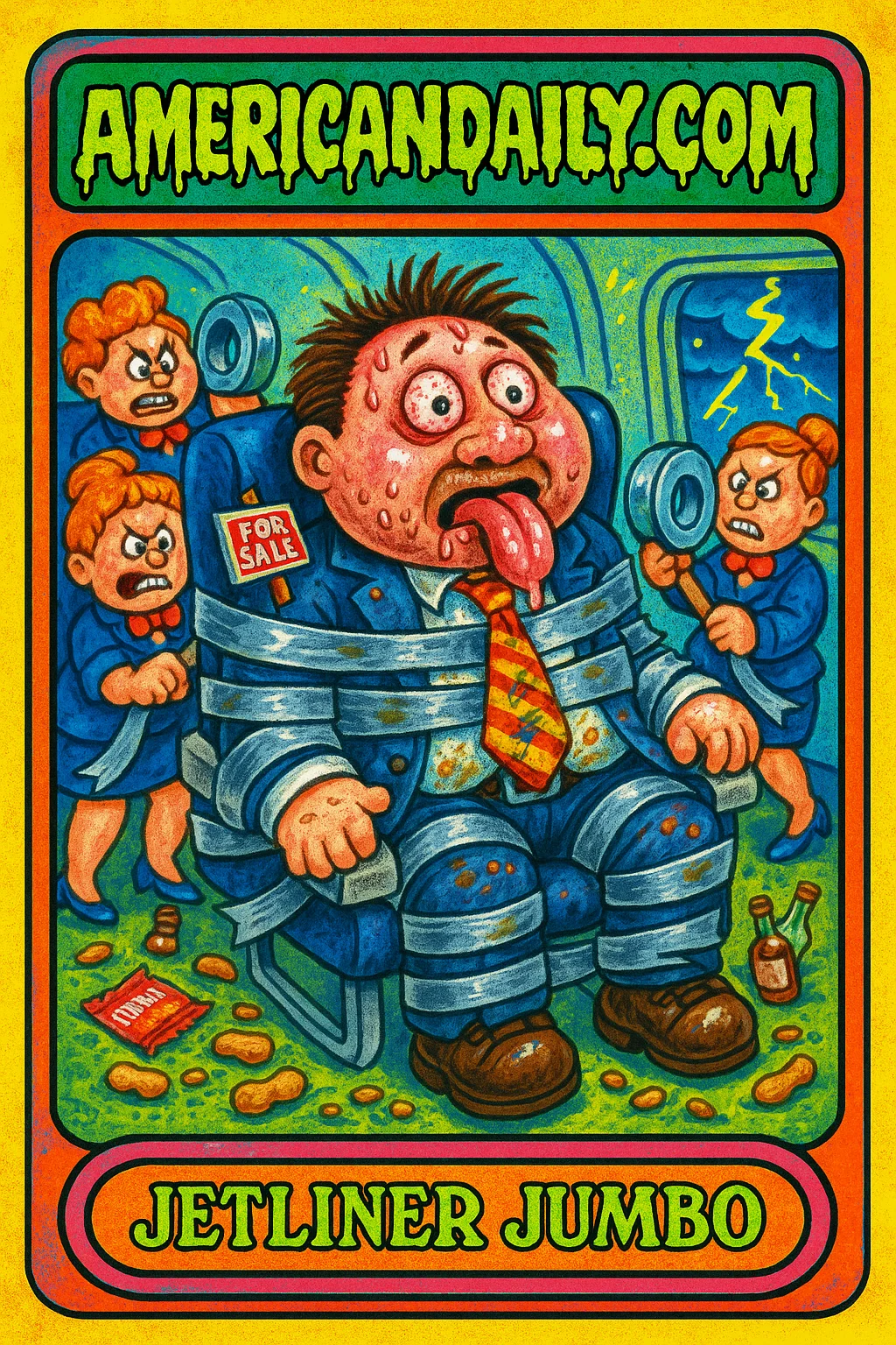 A caricature of a duct-taped real estate agent on a plane, with flight attendants holding duct tape rolls in a stormy scene.