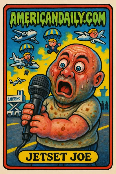 A satirical trading card featuring Joe Rogan with bulging eyes holding a microphone, toysized planes with Trump's face, and a bustling airport scene.