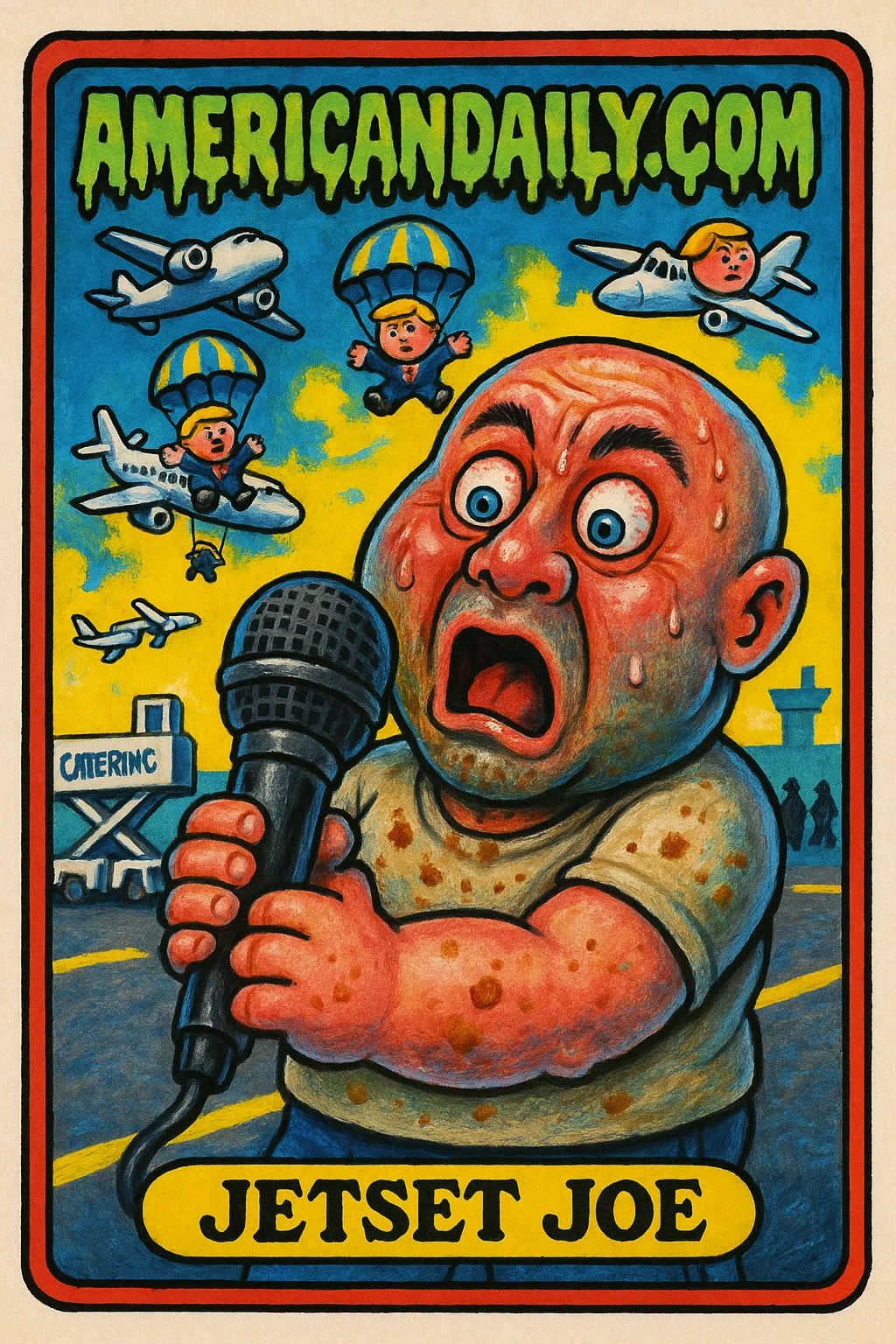 A satirical trading card featuring Joe Rogan with bulging eyes holding a microphone, toysized planes with Trump's face, and a bustling airport scene.