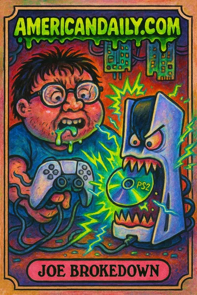 A comically grotesque character named Joe Brokedown excitedly watches as his modded PS5, depicted with monstrous features, chews through glowing PS2 discs.