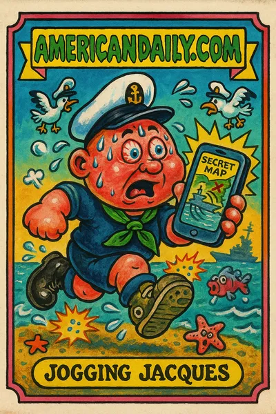 A trading card featuring Jogging Jacques, a panicked sailor with an oversized head, comically exposing a ship's location via a giant smartphone while jogging.