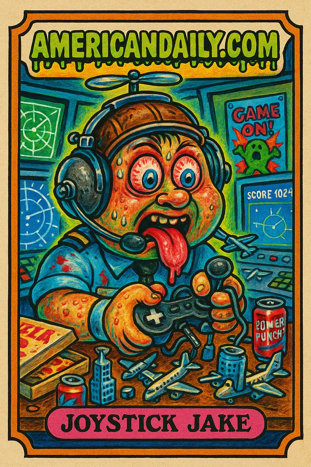 A grotesque illustration of Joystick Jake, blending air traffic control with video gaming. Surrounded by chaotic props and screens, embodying the absurdity of mixing gamers with aviation duties.