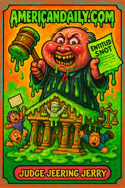A Garbage Pail Kids-style illustration of 'Judge Jeering Jerry,' a grotesque judge with an oversized head and gavel, dripping with slime in a chaotic, satirical courtroom scene.