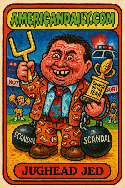 A grotesque caricature of Jed York in a disheveled suit, with oversized head, handcuffed, holding a bent goalpost and a scandalous trophy amid a stadium backdrop.