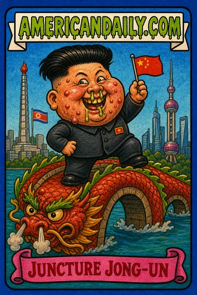 A cartoonish depiction of a grotesque Kim Jong Un on a dragon-shaped bridge with a tiny Chinese flag, representing his visit to China.