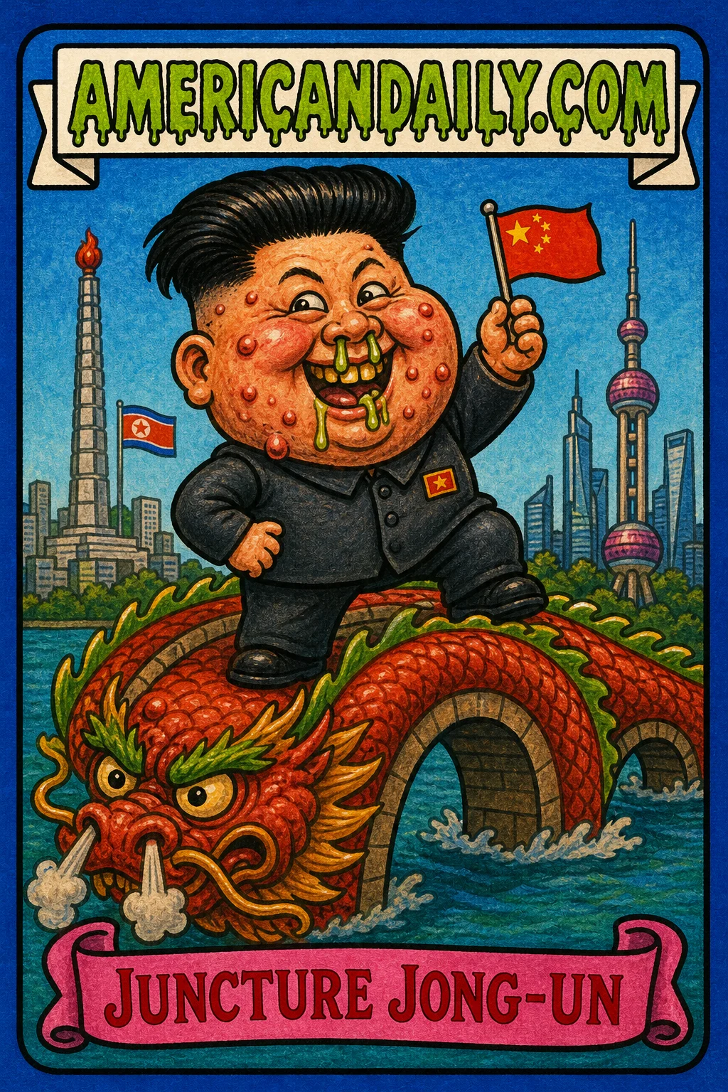 A cartoonish depiction of a grotesque Kim Jong Un on a dragon-shaped bridge with a tiny Chinese flag, representing his visit to China.