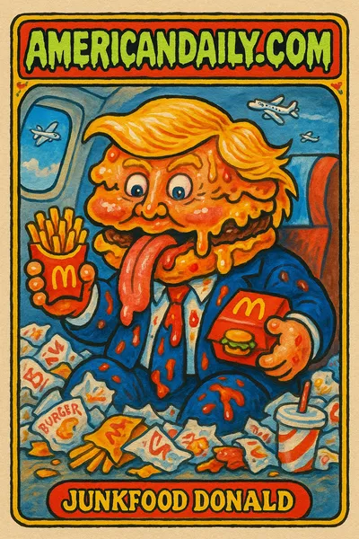Grotesque illustration of Trump with a burger head, holding McDonald's boxes amid fast-food wrappers, in an airplane.