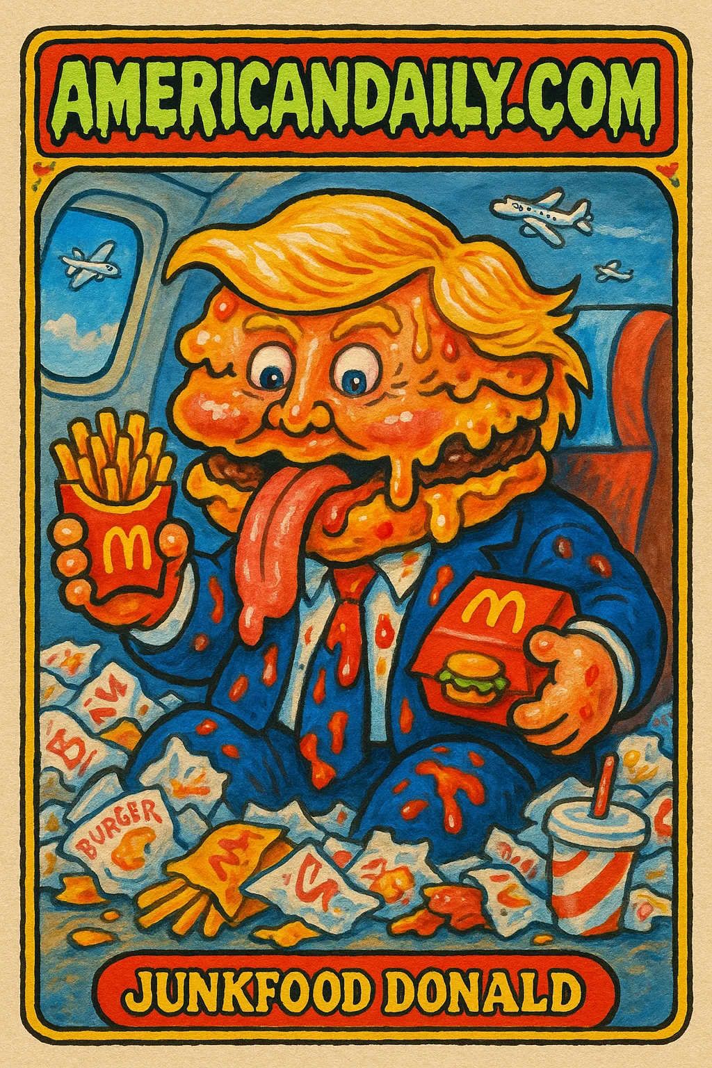 Grotesque illustration of Trump with a burger head, holding McDonald's boxes amid fast-food wrappers, in an airplane.