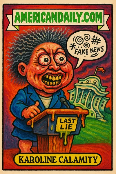 A satirical trading card depicting Karoline Leavitt grotesquely behind a melted White House podium, ready to deliver her final lie with exaggerated features.