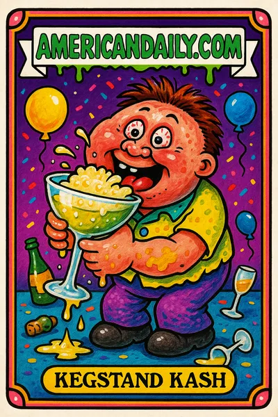 Trading card of 'Kegstand Kash'. An oversized head character in a messy party setting with a huge cocktail glass, spilled drinks, and chaotic background.