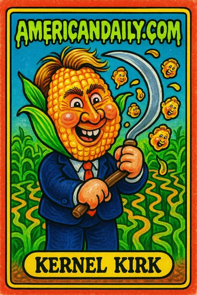 A caricature of Charlie Kirk with a corn cob-shaped head in a corn maze, holding a sickle. Corn kernels have his face, depicted in Garbage Pail Kids style.