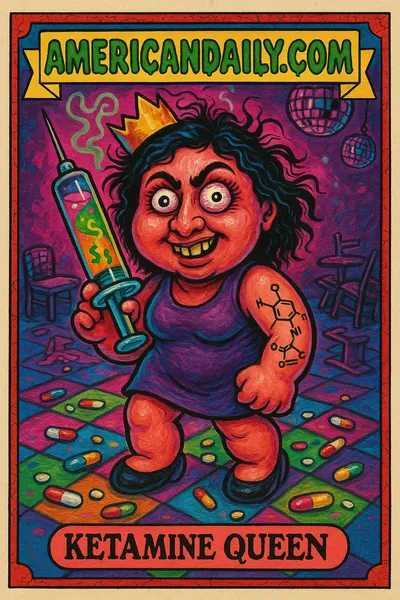 A grotesque cartoon of 'Ketamine Queen' Jasveen with wild eyes and a large syringe, amid a chaotic nightclub scene.