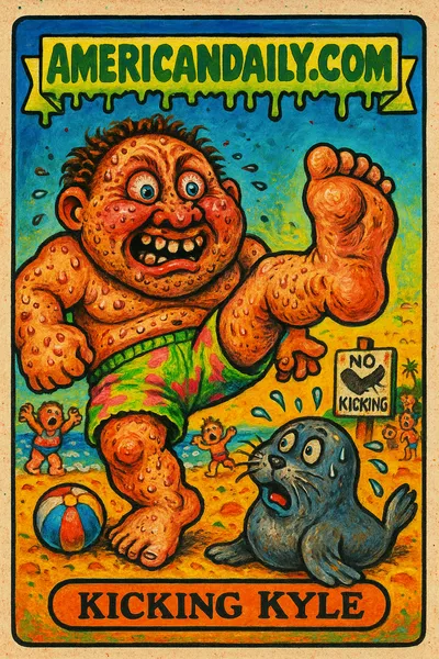 A grotesque trading card showing a beach-goer with a massive foot about to kick a terrified sea lion, featuring exaggerated, ugly features amid a chaotic beach scene.