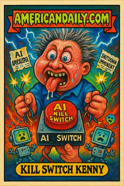 A grotesque caricature of Sen. Kennedy as 'Kill Switch Kenny', frantically gripping a giant AI kill switch with panicked robots fleeing.
