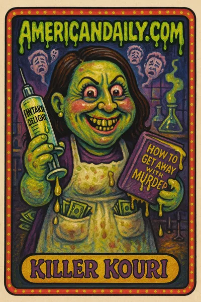 Grotesque caricature of Kouri Richins with exaggerated features, holding a syringe and book, kitchen lab background, styled in Garbage Pail Kids format.