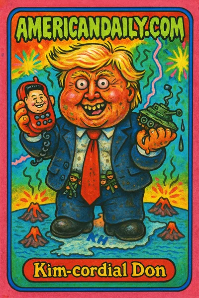 Garbage Pail Kids style card of Trump caricature named 'Kim-cordial Don' with grotesque features, holding a toy phone of Kim's face.