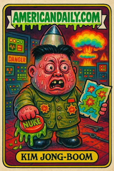 A trading card of Kim Jong-un with a nuclear missile head, chaotic military bunker, and humorously exaggerated features.