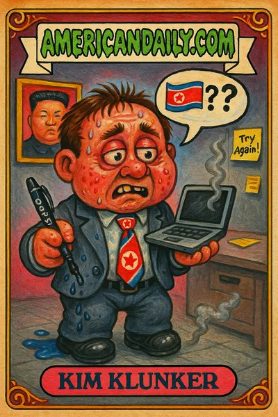A grotesque character named 'Kim Klunker' in a messy suit is holding a smoking laptop, nervously evading an office portrait of Kim Jong Un with flags and question marks in a speech bubble.