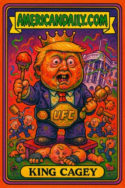 A grotesque caricature of a former president as a 'boy king' at a White House UFC fight, surrounded by slapstick battles and a chaotic scene.
