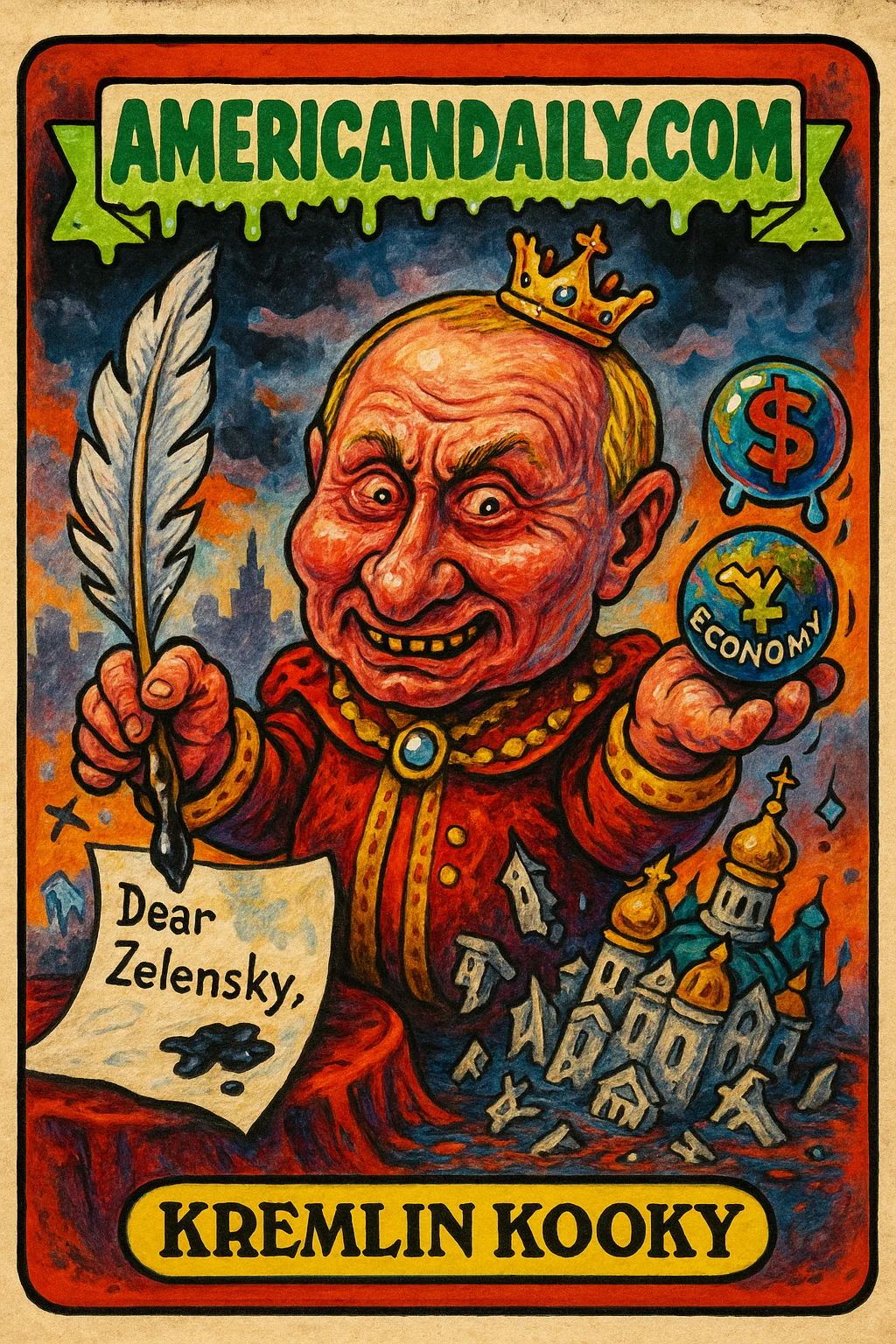 A cartoonish depiction of Putin as 'Kremlin Kooky', holding a dripping quill and juggling worldwide concerns in a chaotic Moscow skyline.