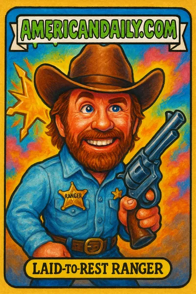 A satirical Garbage Pail Kids-style card of Chuck Norris with an exaggerated hat, bulging eyes, and a wacky sheriff's revolver, titled 'No More Norris'.