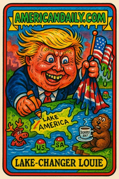 A satirical trading card of 'Lake-Changer Louie' depicting Trump with a massive head, scribbling on a map, turning 'Lake Ontario' into 'Lake America'.