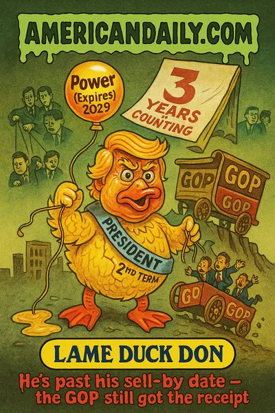Cartoon trading card depicting Donald Trump as "Lame Duck Don" in a yellow duck-feather suit, holding a balloon labelled "Power (Expires 2029)", a GOP bandwagon teetering on a cliff, calendar page "3 Years & Counting" ripping off, puppet-strings controlling Senate Republicans, top banner "AMERICANDAILY.COM", bottom nameplate "LAME DUCK DON" with caption "He's past his sell-by date - the GOP still got the receipt."