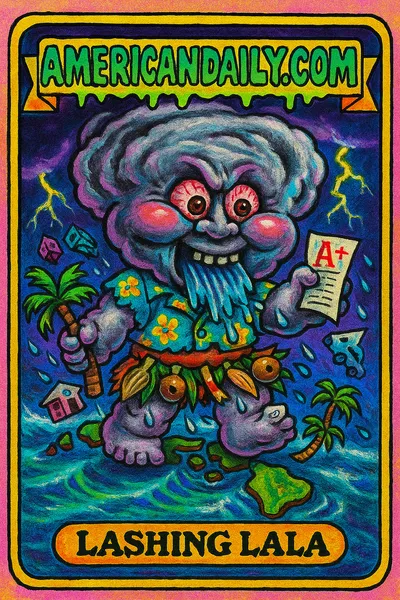 A grotesque, monstrous storm cloud character, 'Lashing Lala', wreaking havoc in a Garbage Pail Kids parody card. Chaos with water torrents and swirling debris.
