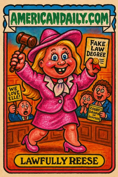 A satirical, grotesque illustration of Reese Witherspoon as a parody lawyer, named 'Lawfully Reese', presiding over starstruck jurors in a hyper-pink, cartoonish courtroom.