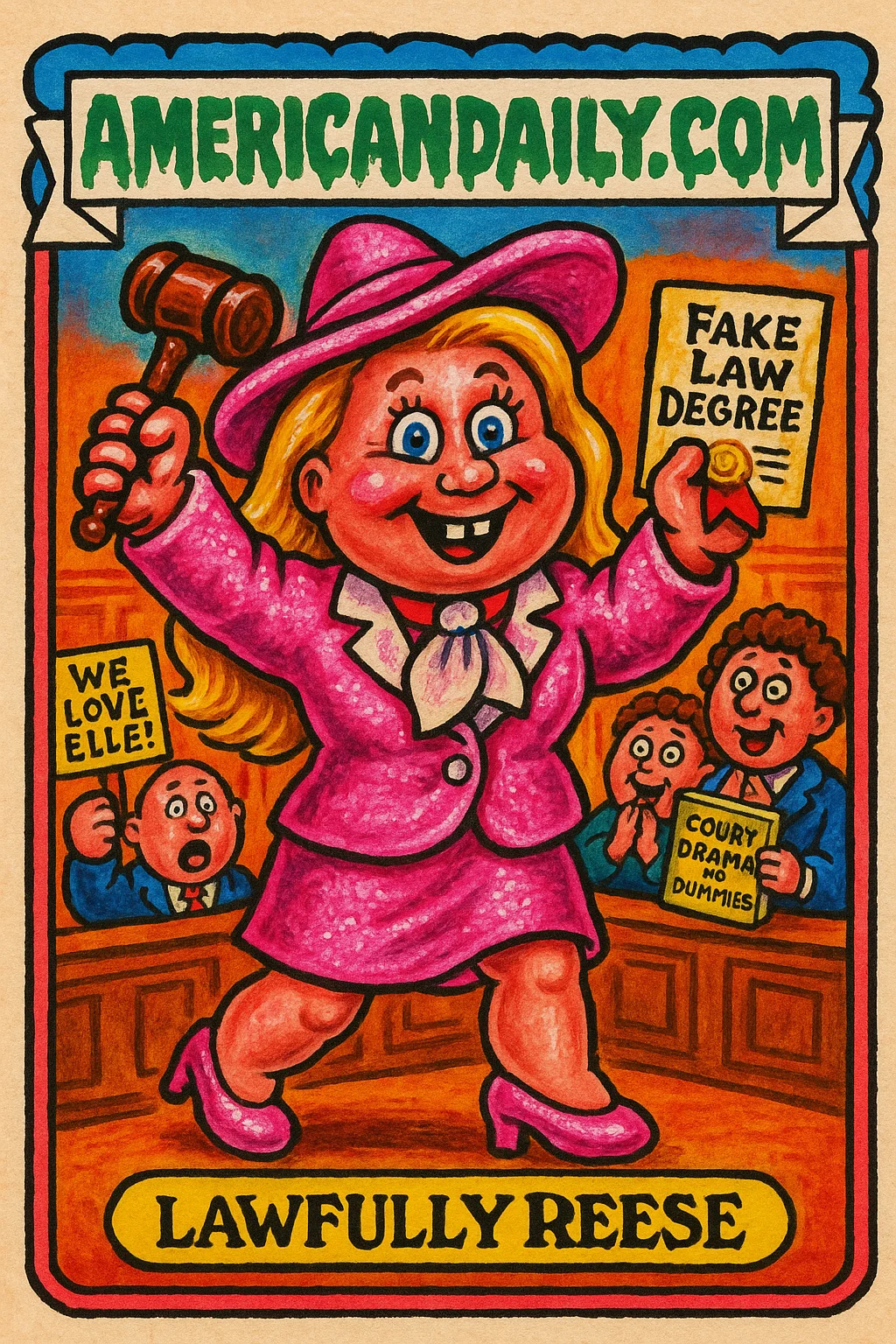A satirical, grotesque illustration of Reese Witherspoon as a parody lawyer, named 'Lawfully Reese', presiding over starstruck jurors in a hyper-pink, cartoonish courtroom.