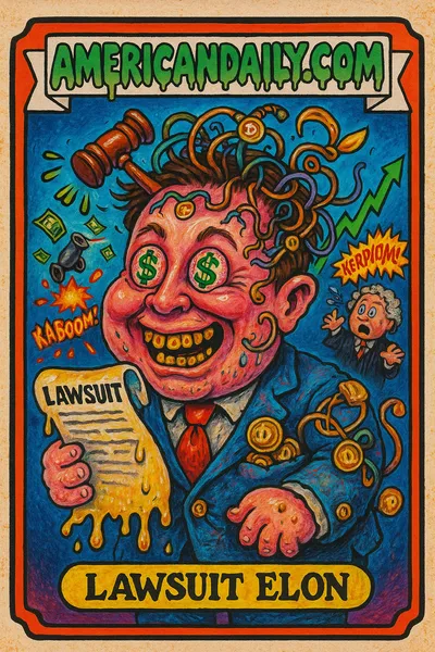 A grotesque caricature of Elon Musk with bulging eyes, dollar sign pupils, tangled wires, and a floppy doge tail, brandishing a legal document with a chaotic stock market background.