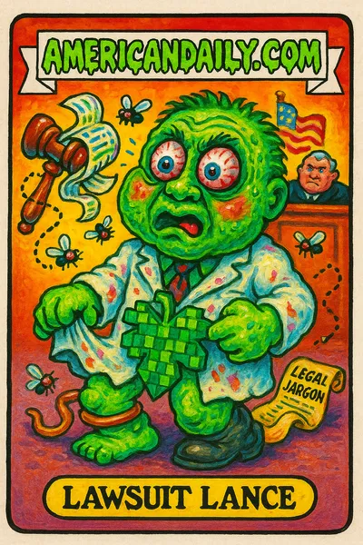 A grotesque character 'Lawsuit Lance' struggles with law-and-tech absurdities, featuring pixelated fig leaf and entangled legal documents.