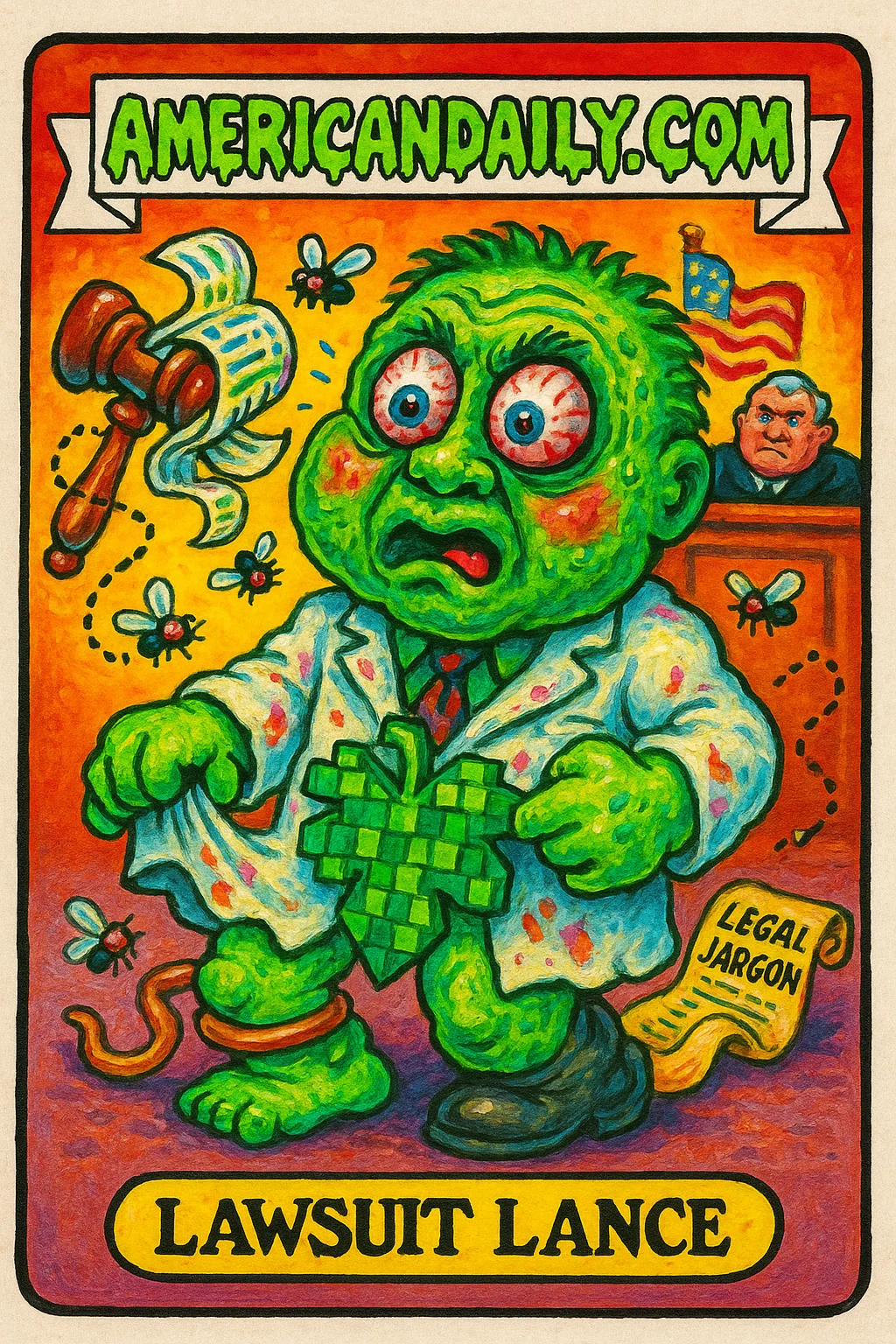 A grotesque character 'Lawsuit Lance' struggles with law-and-tech absurdities, featuring pixelated fig leaf and entangled legal documents.