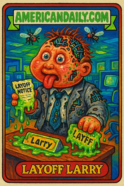 Grotesque trading card of Layoff Larry with exposed circuitry, bulging eyes, and slime, satirizing Meta's AI job cuts.