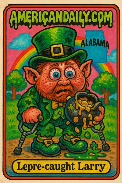 A grotesque leprechaun with bulging eyes, oversized ears, and a tattered hat spills gold coins, standing amid a whimsical rainbow in Alabama.