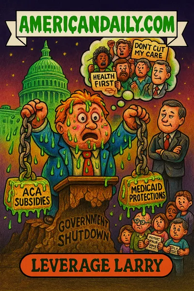 Cartoon of a slime-covered Democrat holding chains labeled "ACA Subsidies" and "Medicaid Protections" over a cliff marked "Government Shutdown," opposed by a smug GOP figure, with worried citizens at the edge and thought bubble of protesters above.