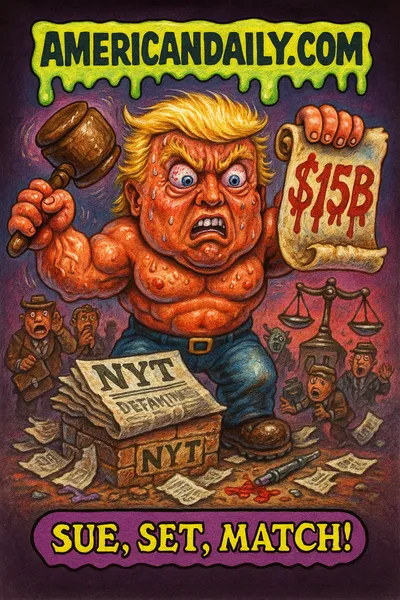 Caricature of Trump brandishing a gavel and scroll $15B, standing on NYT newspapers, banner AMERICANDAILY.COM, caption Sue, Set, Match!