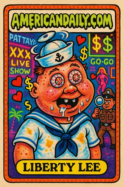 A grotesque US sailor with a spinning hat and exaggerated features in Pattaya, surrounded by cartoon hearts and dollar signs, against a neon-lit street.