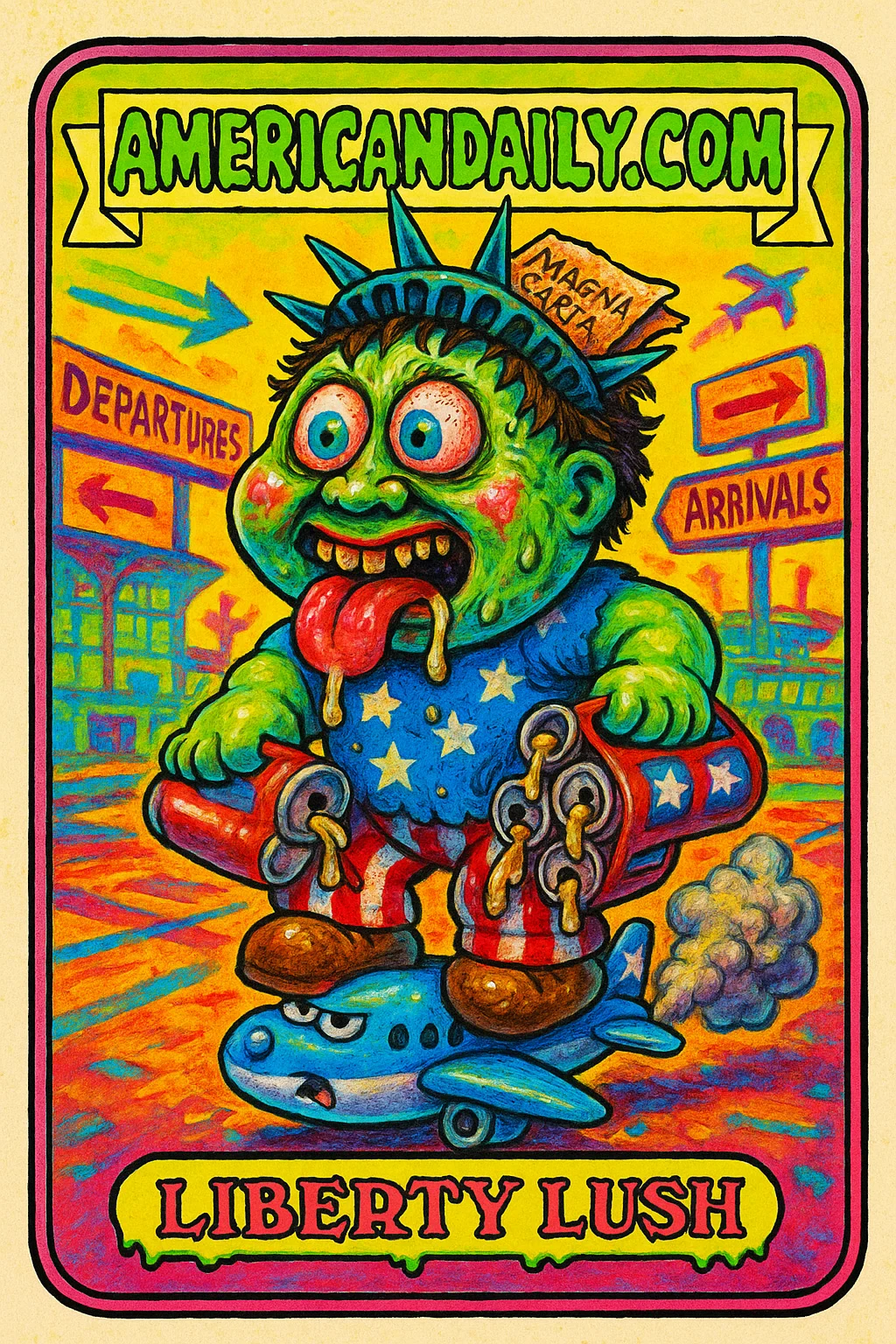 A comically grotesque character named 'Liberty Lush' has an oversized head with bulging eyes, balancing on a smoking toy airplane, clutching beer cans and a crumpled Magna Carta, set against a chaotic airport scene.