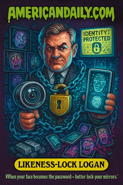 Cartoon trading-card image showing "Likeness-Lock Logan," a dark-suited security figure wearing a giant padlock collar, holding a webcam and face-scanner, standing before a wall of shattered screens each displaying glitchy distorted faces, with digital-data chains swirling around him; top slime-banner "AMERICANDAILY.COM"; bottom nameplate "LIKENESS-LOCK LOGAN" and caption "When your face becomes the password - better lock your mirrors."