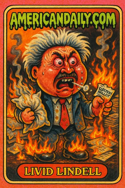 A grotesque caricature of Mike Lindell with wild hair, holding a burning pillow and ballot amidst flames, in a satirical trading card style.