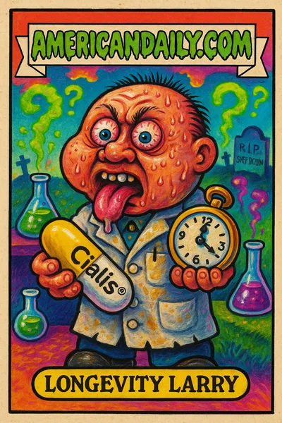 Illustrated trading card of 'Longevity Larry', a grotesque character with oversized features, holding pills and surrounded by exploding lab equipment.