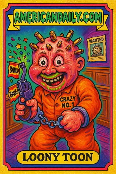 A grotesque depiction of Loony Toon with oversized head, toy gun, and chaotic courtroom background, styled as a cartoon trading card.