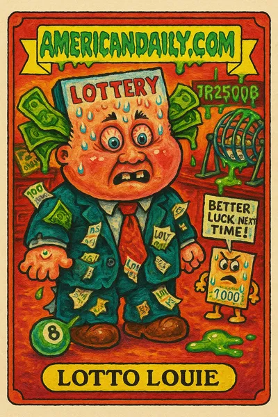 A grotesque character named Lotto Louie with a lottery ticket face, exploding money, and a mocking, living ticket. Set in a chaotic lottery office.