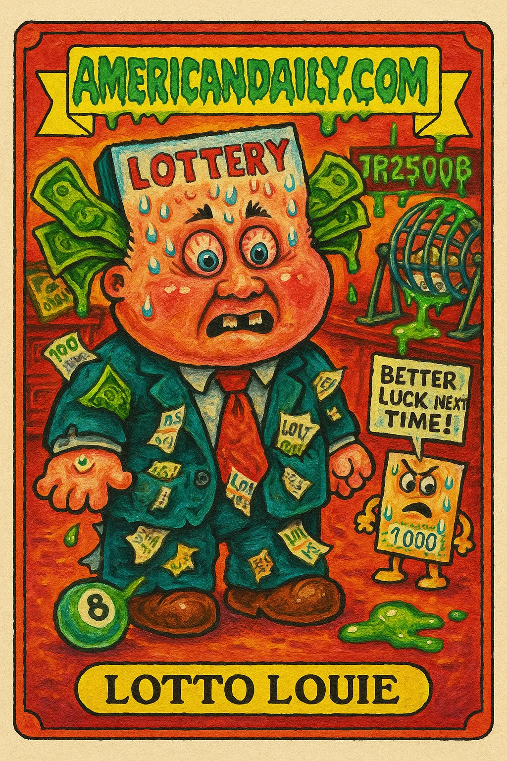 A grotesque character named Lotto Louie with a lottery ticket face, exploding money, and a mocking, living ticket. Set in a chaotic lottery office.
