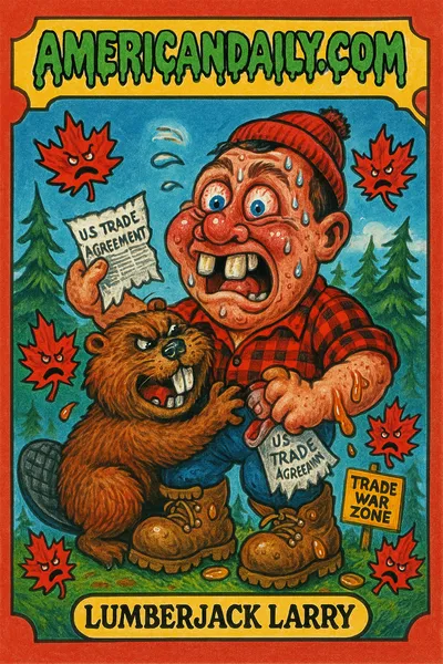 A grotesque Canadian lumberjack wrestling a vicious beaver, surrounded by angry maple leaves and a chewed-up trade agreement. Humorously ugly.
