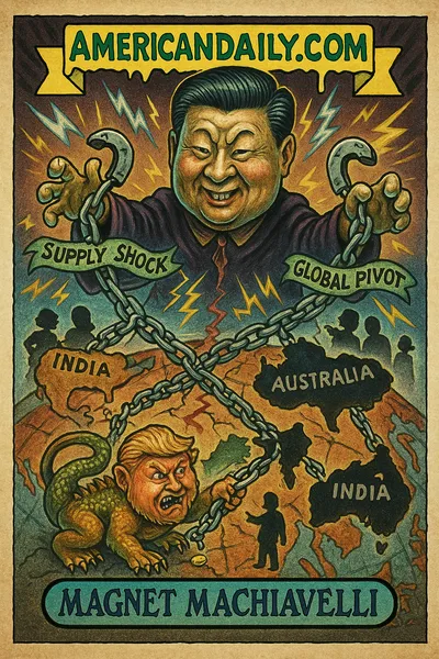 Parody trading card: a magnetic-armed Xi figure pulls rare earth chains connecting to the U.S. and allied nations, while a hybrid Trump beast tries to wrestle control. A cracked trade map with supply routes and lightning lines in background. Top banner "AMERICANDAILY.COM."