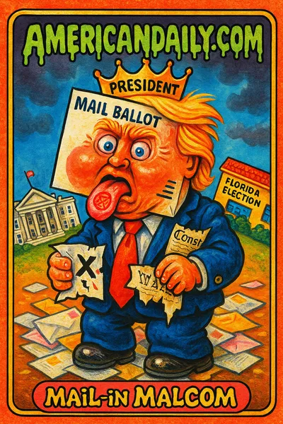 A grotesque caricature of Trump as a mail ballot with a presidential crown in a satirical trading card style.