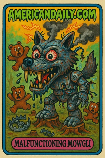 A grotesque 'Monster Wolf' robot with bulging eyes and sparking wires stands in a forest, scaring off cartoon bears. Slime font text reads 'AMERICANDAILY.COM'.